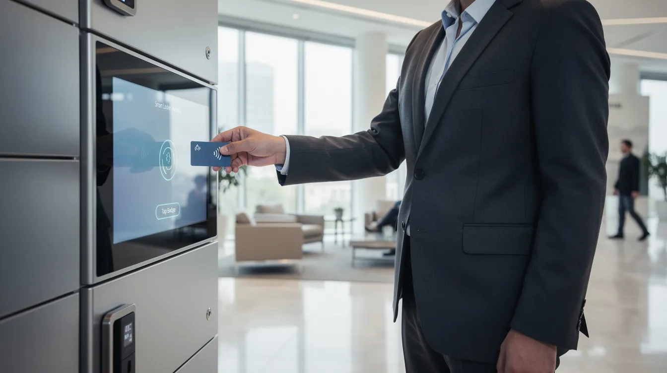 A person is tapping an RFID badge against a smart locker touchscreen in a modern office lobby, demonstrating keyless entry and enhanced security features of smart lockers. The sleek design of the locker reflects the convenience and reliability that many smart locks offer in contemporary workspaces.