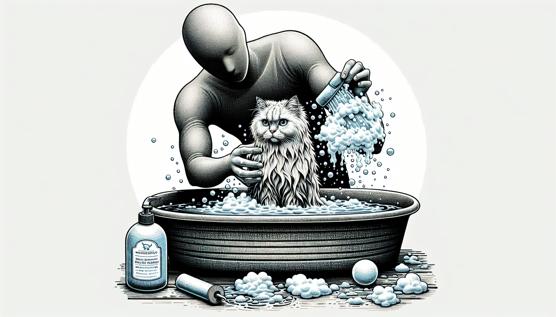 Illustration of a cat being bathed with cat shampoo