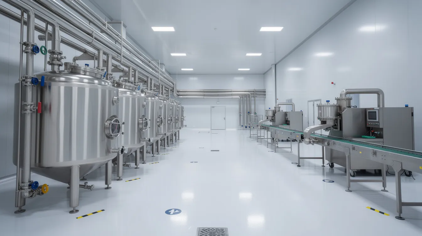 The image depicts the interior of a modern ghee manufacturing plant, showcasing stainless steel equipment, clean floors, and an organized pipeline routing system essential for the ghee production process. This facility exemplifies the food processing industry's commitment to quality control and operational efficiency in producing clarified butter.
