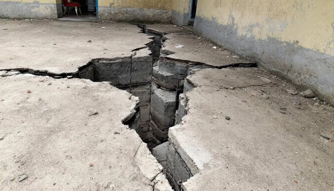 L'image montre une fissure de fondation sur un mur en béton, illustrant un problème courant dans les maisons. Cette fissure peut causer des infiltrations d'eau et nécessite une expertise pour sa réparation, souvent par injection de polyuréthane pour colmater les joints et prévenir les dommages futurs.