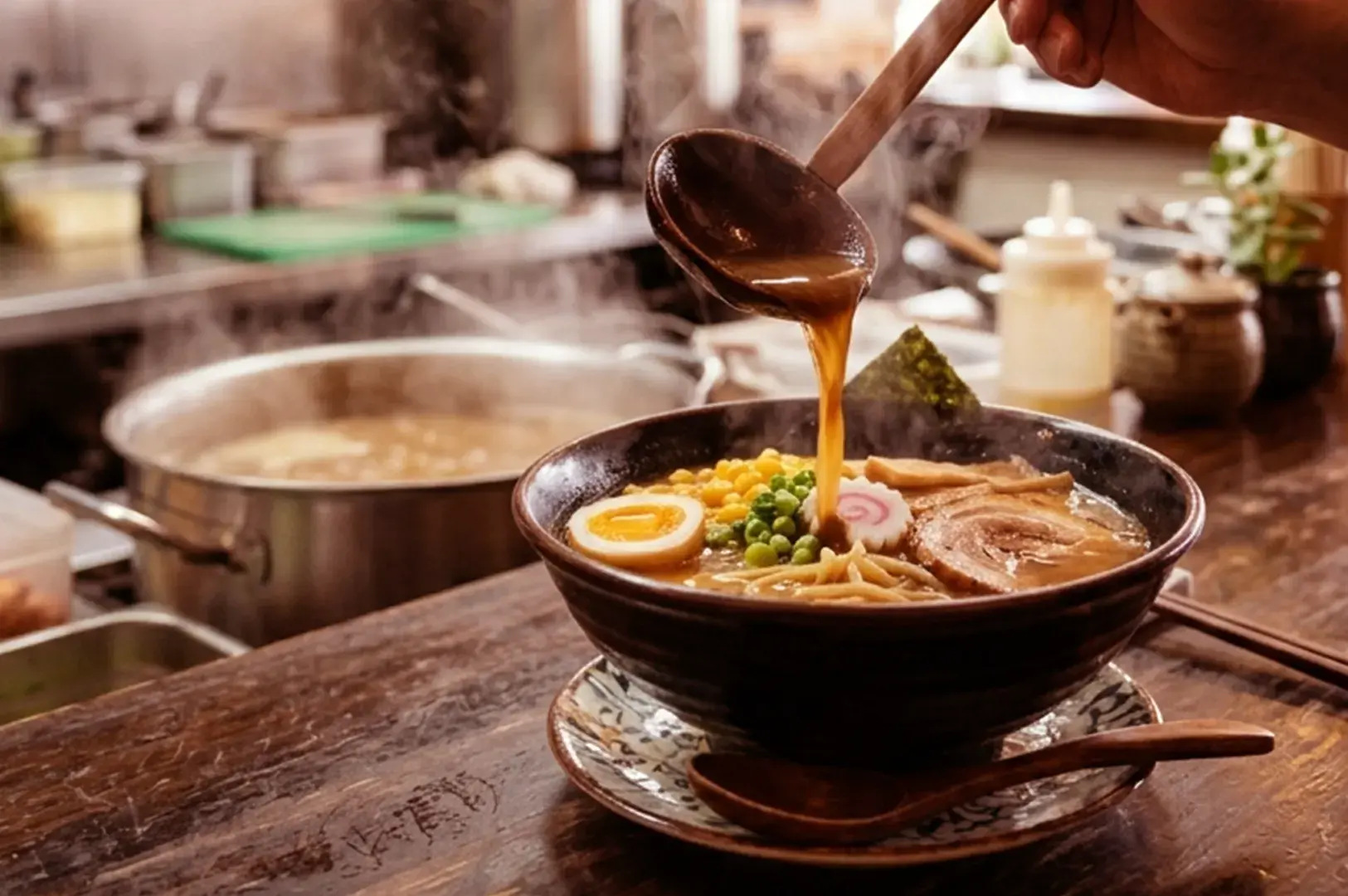 A hand pouring hot broth into a bowl of ramen beside a steaming stockpot on a restaurant counter.