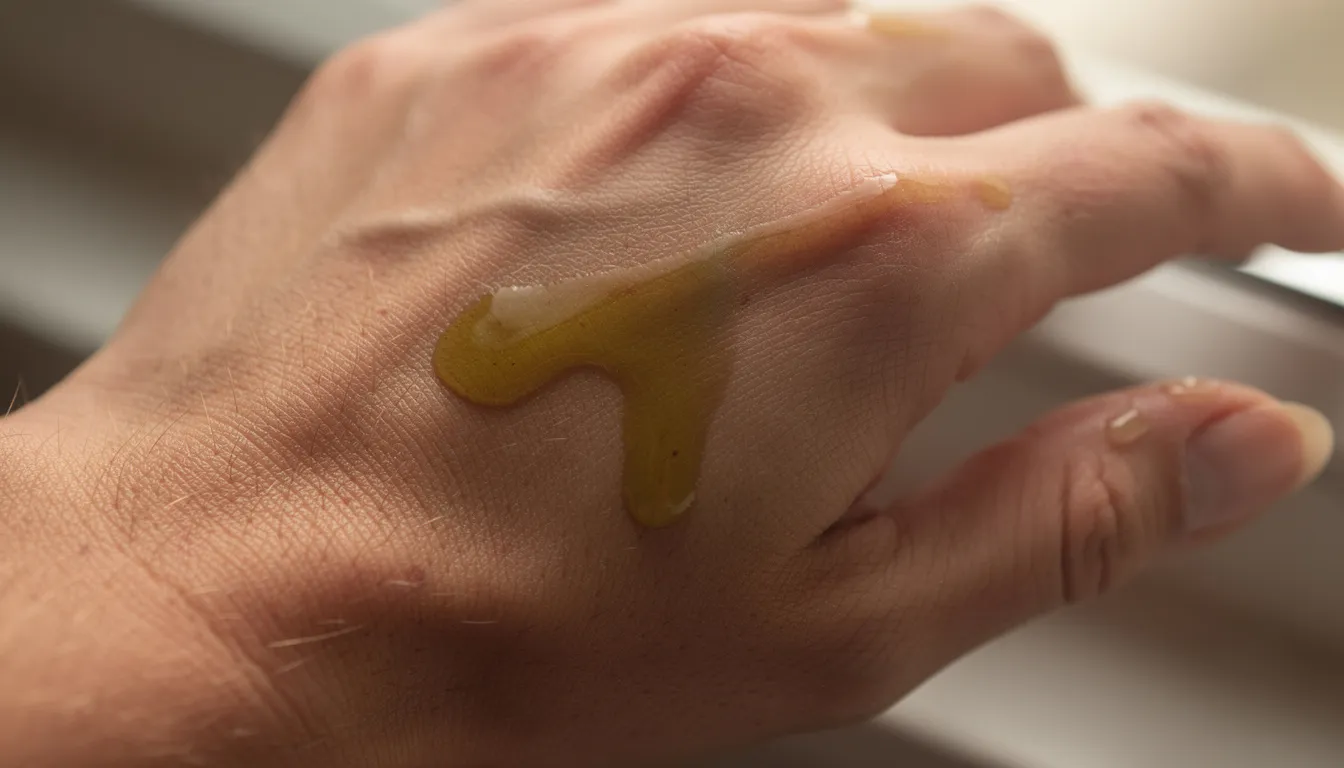 The image shows a hand with a light texture of olive oil gently applied to the back, highlighting its moisturizing properties for healthy skin. The oil glistens, suggesting its nourishing qualities, similar to sweet almond oil, enhancing the hand's natural softness.