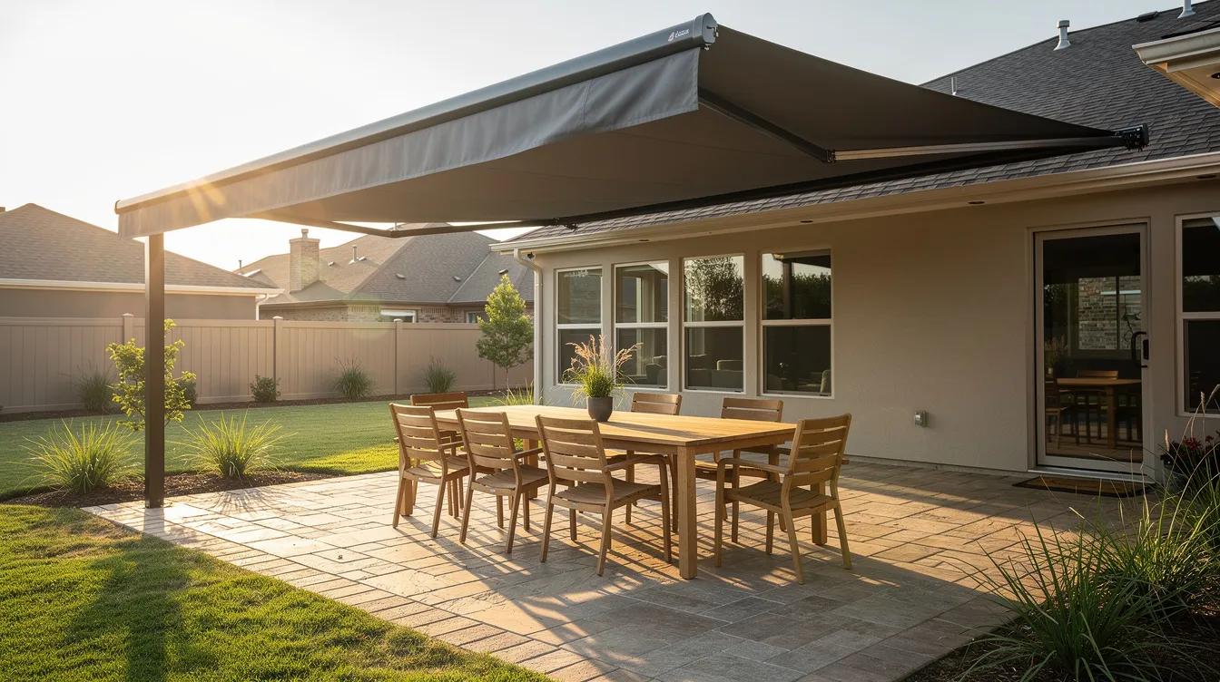 The image depicts a high-end residential backyard patio in Oklahoma City, featuring a large, motorized retractable awning in slate grey that provides shade over a stylish outdoor teak dining set on a paved stone patio. Soft sunlight filters through the edges of the awning, creating a warm and inviting atmosphere perfect for outdoor gatherings.