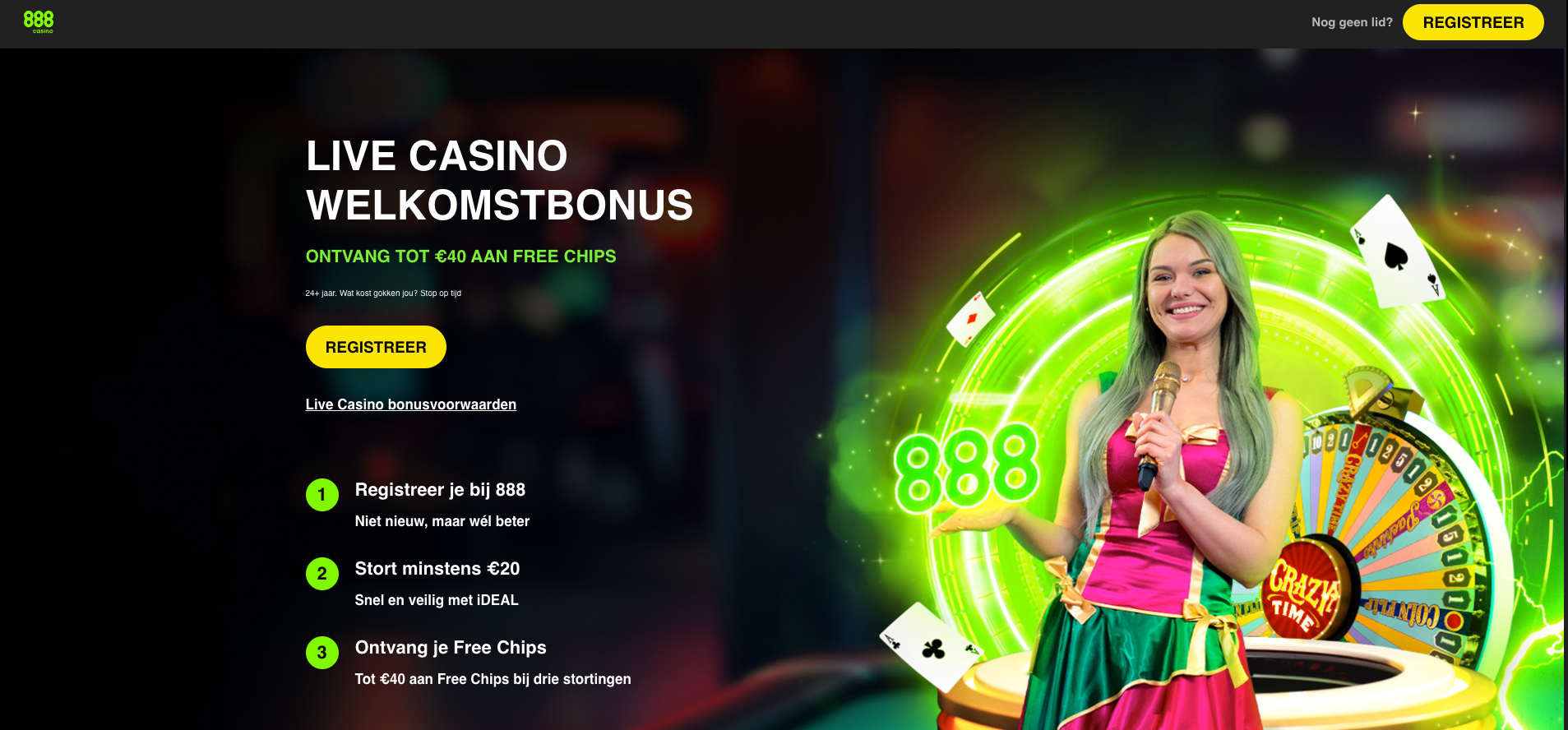 Welkomstbonuspagina van 888 Live Casino met aanbieding tot €40 aan free chips, inclusief registratieknop en uitleg over hoe spelers zich registreren, geld storten en de live casino bonus ontvangen.