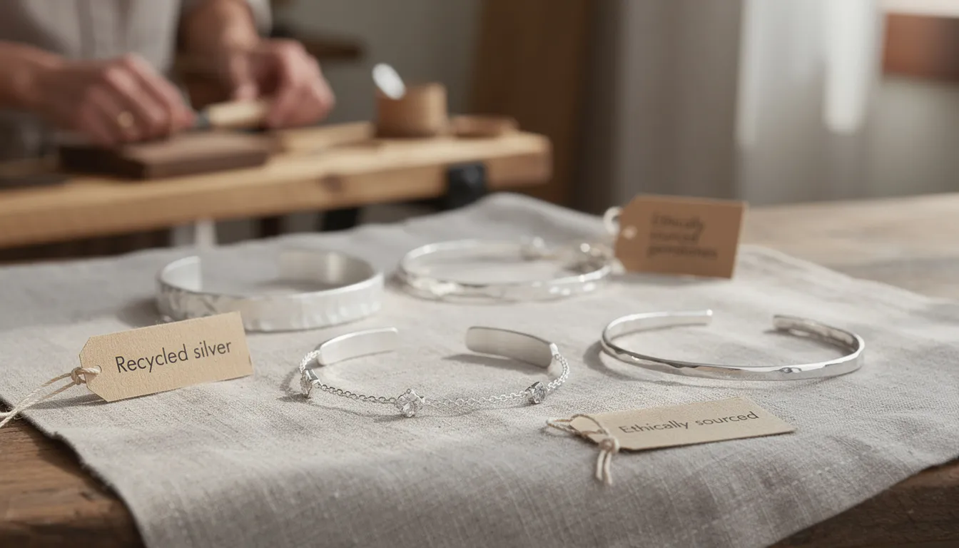The image showcases a collection of beautifully crafted silver handmade bracelets and bangles, including a hammered silver bangle that stands out as a statement piece. Each piece reflects ethical craftsmanship, emphasizing sustainability and the use of recycled materials, making them perfect for anyone looking to wear stylish jewellery while supporting responsible production.