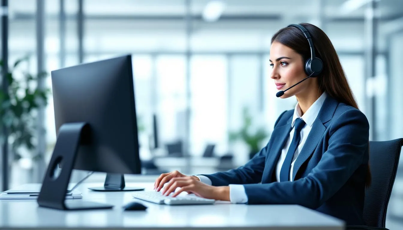 A customer service agent assisting a customer through a headset.