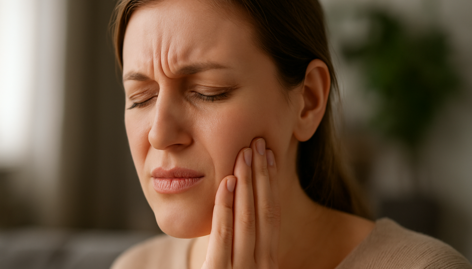Kvinne med kjevesmerter som holder kinnet tett, tydelig ubehag fra leddsmerter.
