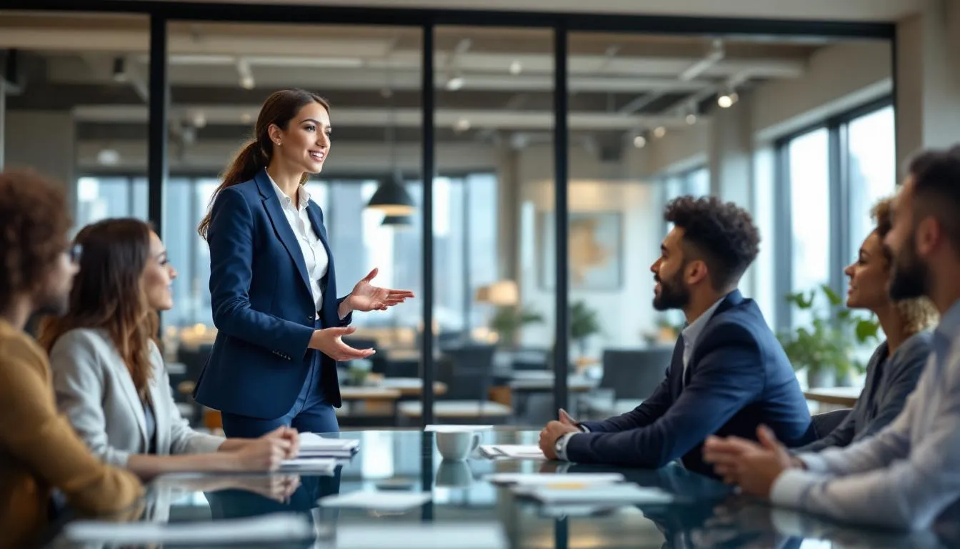 A young architect is confidently presenting a project to a diverse team in a modern office, showcasing their skills and knowledge in architecture. The setting emphasizes collaboration and communication among skilled employees, highlighting the importance of practical experience and ethical behavior in the industry.