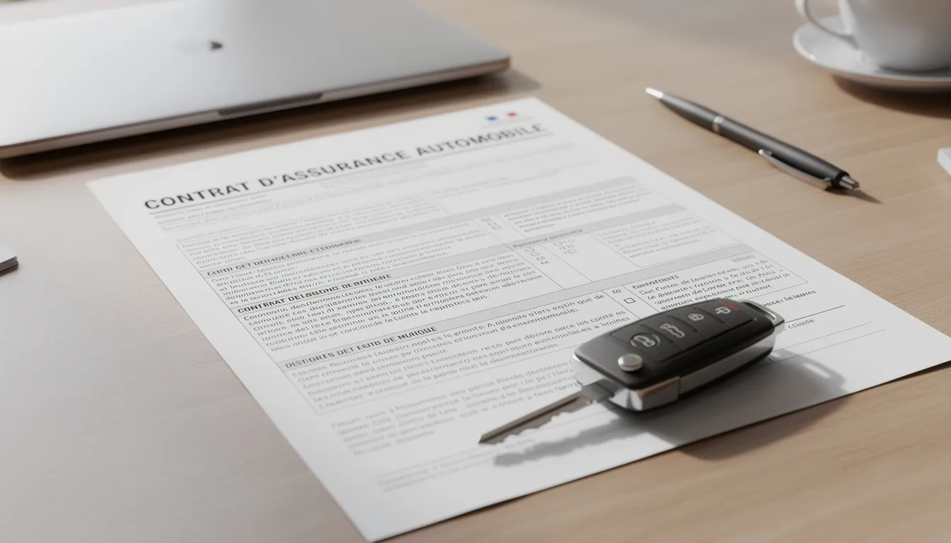 Un contrat d'assurance automobile est posé sur un bureau, à côté de clés de voiture, évoquant la location de voiture aux Canaries. Ce document pourrait être utile pour les clients souhaitant louer un véhicule à Gran Canaria ou Tenerife pour explorer les magnifiques paysages des îles.