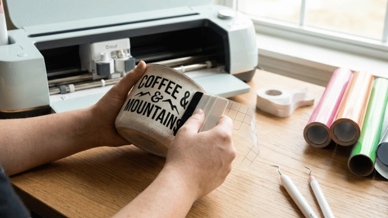 A man is applying vinyl decals on a mug.