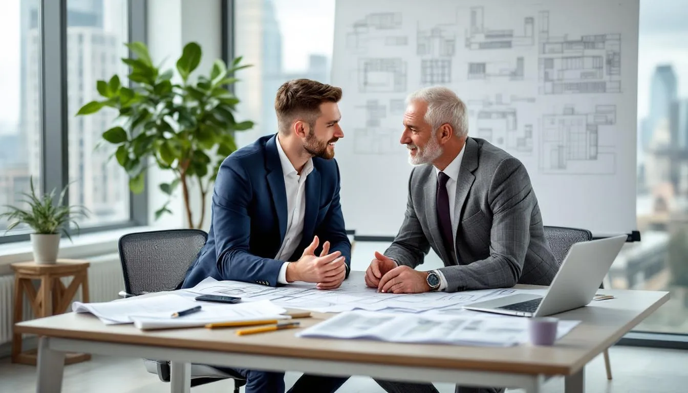 An architect is engaged in a mentoring conversation with a senior colleague in a bright office, discussing career options and the importance of maintaining a work-life balance to reduce stress and enhance mental health. The environment reflects a supportive atmosphere, encouraging employees to explore their interests and focus on their professional growth.