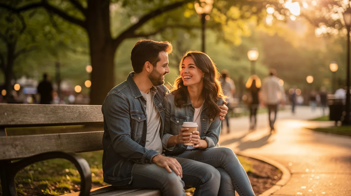 A couple is sitting on a park bench, enjoying each other's company during an early stage of their dating life, reflecting on their core values and common interests as they navigate the dating process. Their relaxed demeanor suggests a mutual understanding, indicating they are on the same page about building a meaningful relationship.