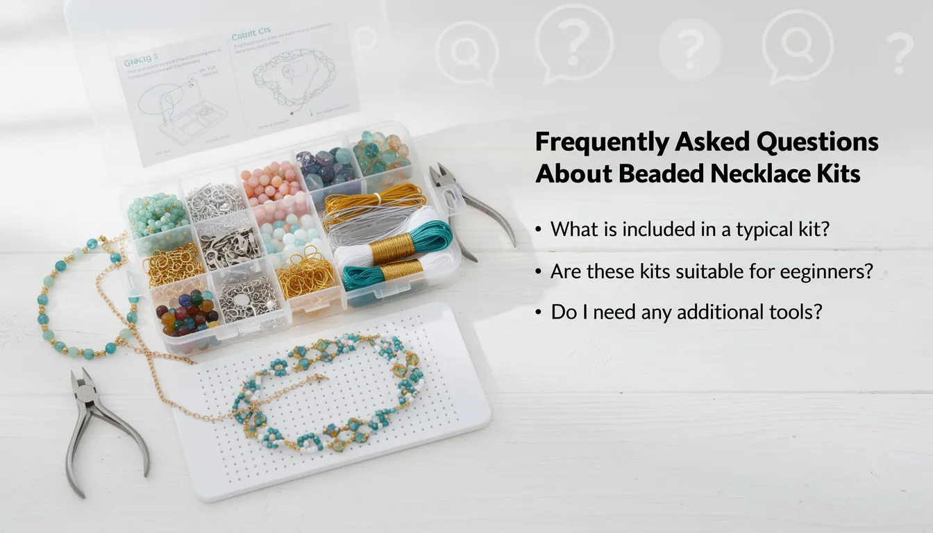 The image showcases a collection of beaded necklace kits, featuring an extensive range of colorful beads, findings like clasps and jump rings, and essential tools for jewellery making. Each kit includes step-by-step instructions, making it easy for beginners to dive into crafting unique and personalized jewelry pieces.