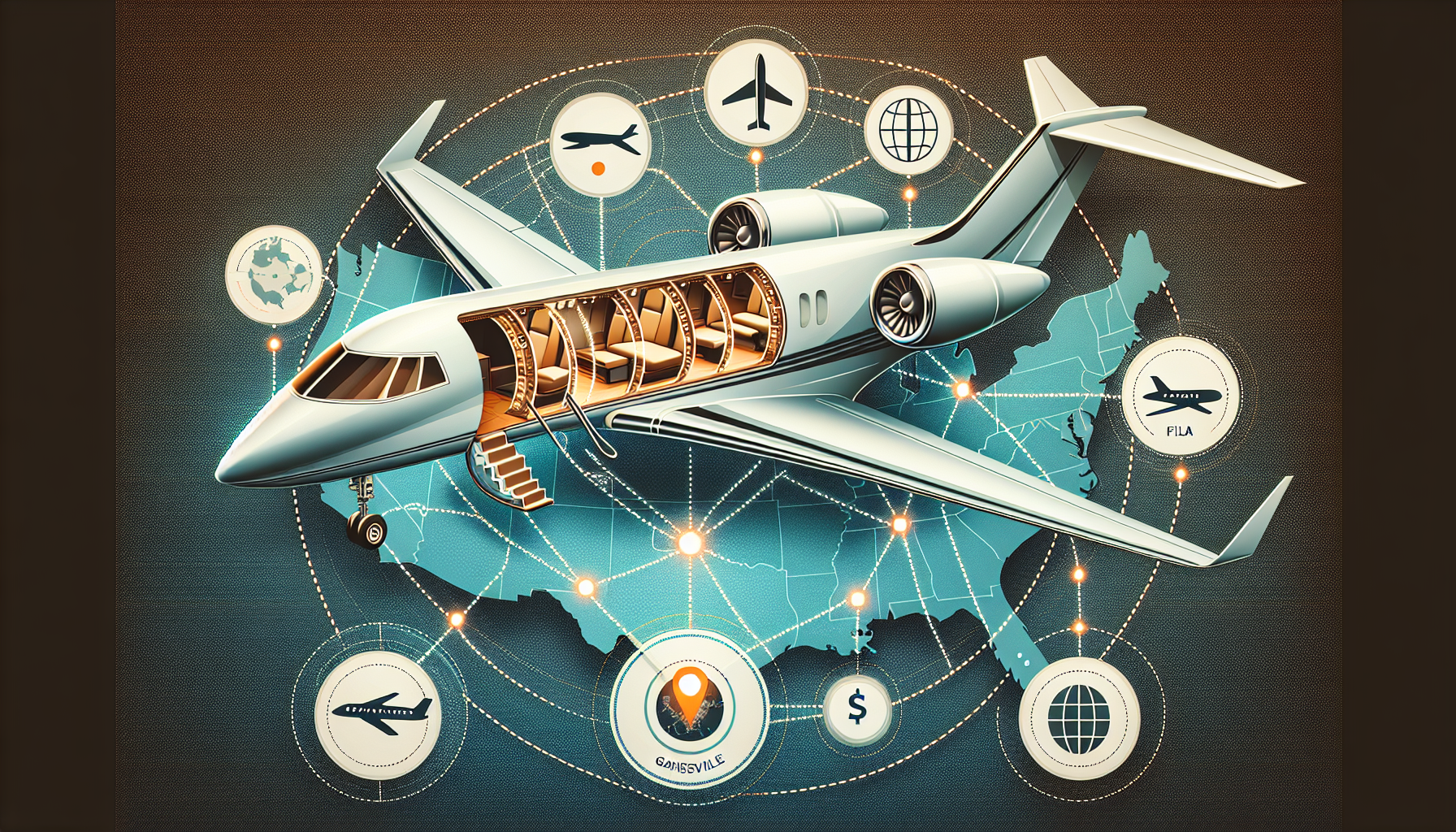 Illustration of cost estimation for private jet journey to Gainesville, Florida