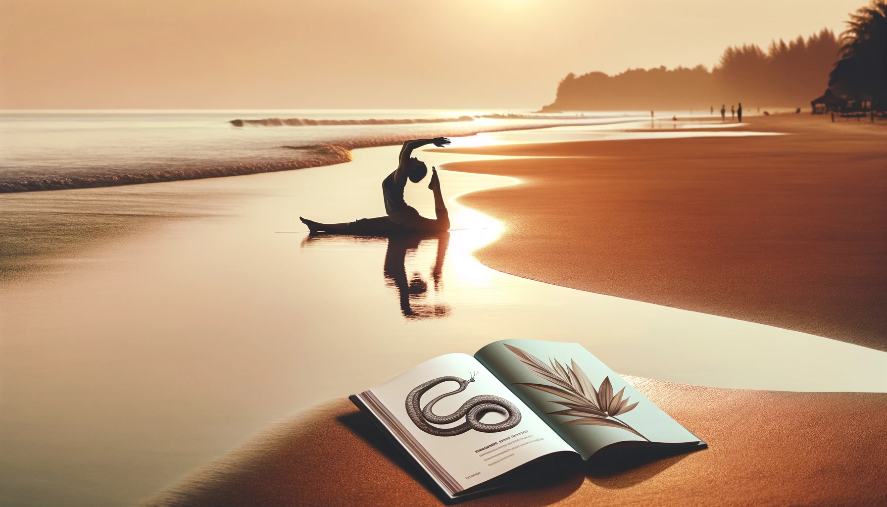 a woman performing a perfect baby cobra stretch on a calm beach during golden hour, with a step-by-step guidebook placed in the corner