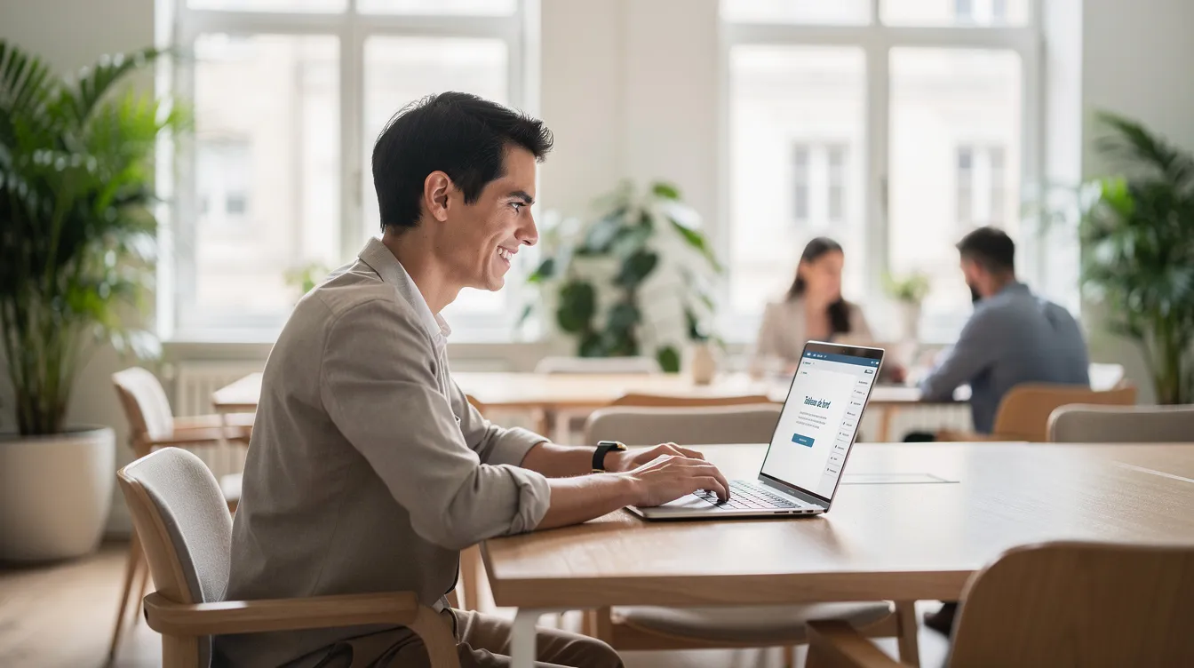 Un professionnel souriant est assis à un bureau dans un espace de coworking lumineux, travaillant sereinement sur son ordinateur portable entouré de plantes. Cette scène évoque une gestion efficace du temps et une organisation optimale des tâches dans un environnement propice au bien-être et à la productivité.