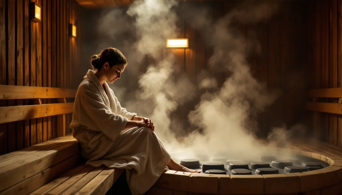 A person is relaxing in a traditional wooden sauna, surrounded by rising steam, which enhances blood flow and promotes muscle recovery after an intense workout. This sauna session is beneficial for reducing muscle soreness and improving overall physical performance through heat exposure.