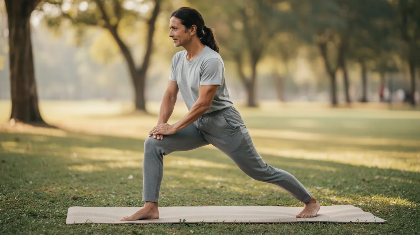 A person is engaging in gentle knee stretching exercises in a serene park, showcasing their active mobility and flexibility. This outdoor setting promotes joint health and may help ease joint pain and stiffness, particularly beneficial for those managing conditions like knee osteoarthritis.