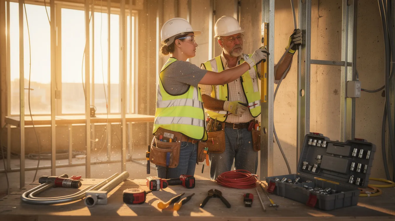 A young apprentice is seen working alongside an experienced electrician as they install conduit on a commercial construction site, showcasing the collaboration essential in the construction industry. This scene highlights the importance of skilled trades careers and professional development opportunities for new talent in Ohio's construction workforce.