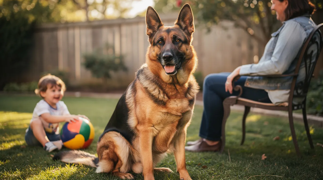 The image depicts a confident and alert German Shepherd standing in a lush green backyard, showcasing its protective nature and strong build. This highly intelligent breed is known for its loyal temperament, making it an ideal companion for families and a steadfast guardian.