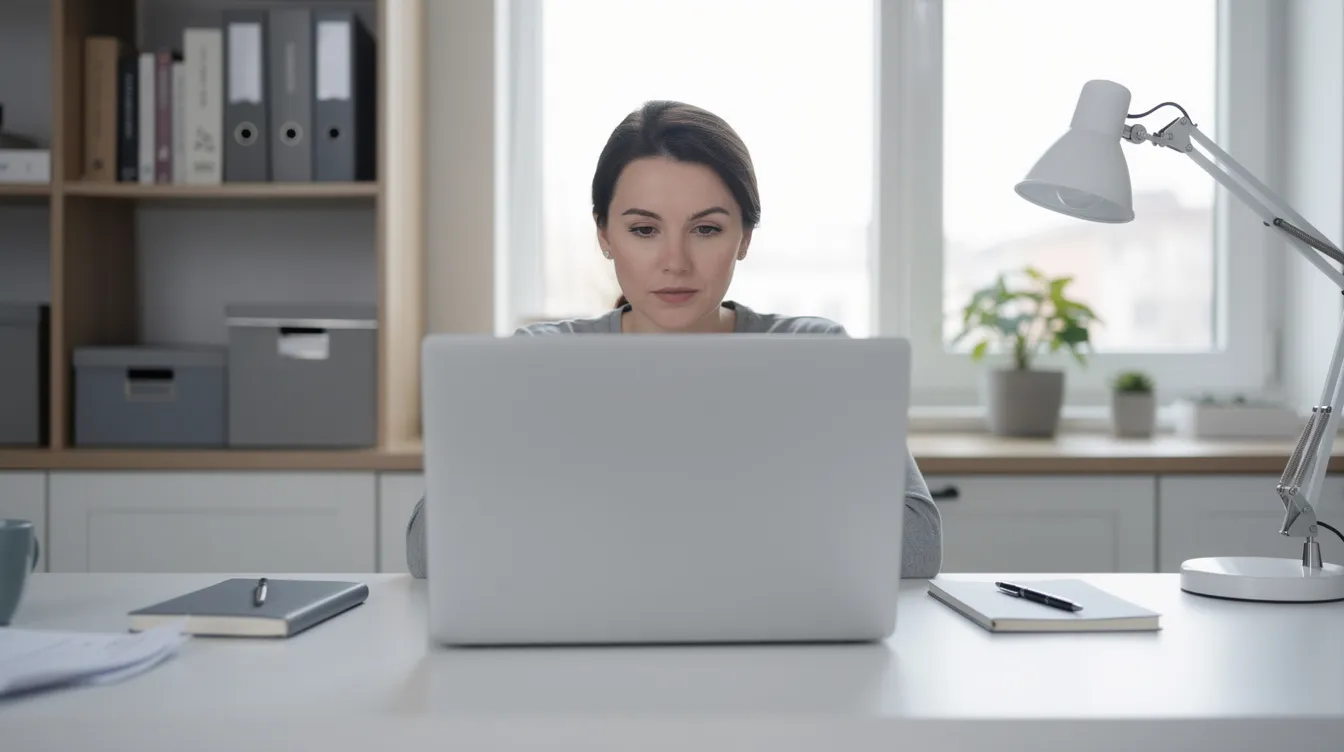 A professional is seated at a well-organized home office, focused on their laptop computer, which is positioned between the observer and the individual, obscuring their hands. The scene reflects a professional setting conducive to effective communication, highlighting the importance of understanding different communication styles in a work environment.
