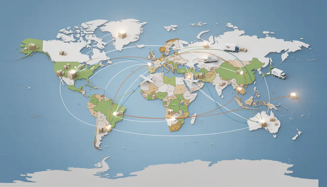 The image depicts a world map with various package delivery routes marked, illustrating connections between different continents. This visual emphasizes the global nature of online sales and the logistics involved in shipping products to interested buyers across online marketplaces.