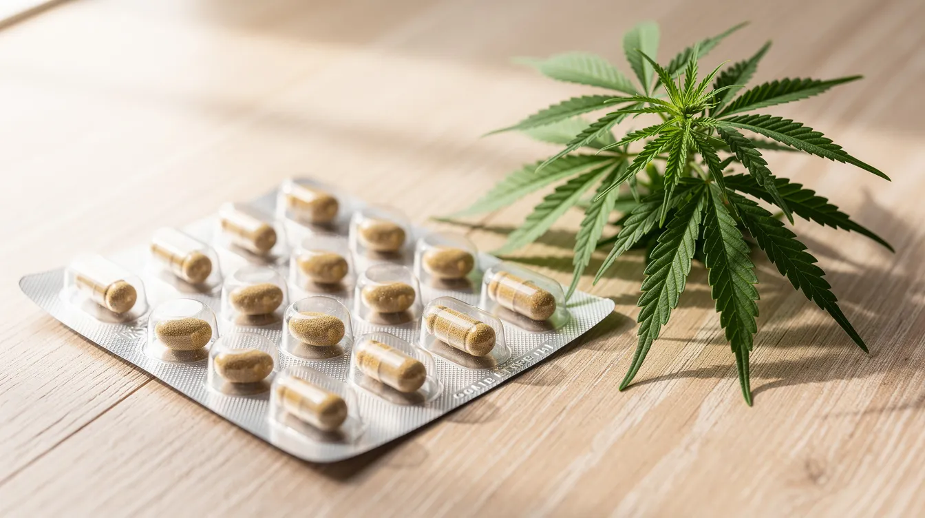 Auf einem hellen Holztisch liegen verschiedene CBD-Kapseln neben einer grünen Hanfpflanze. Diese Szene zeigt die Vielfalt der CBD-Produkte und betont die gesundheitlichen Vorteile von Cannabidiol, das zur Unterstützung des Körpers und des Immunsystems eingesetzt werden kann.