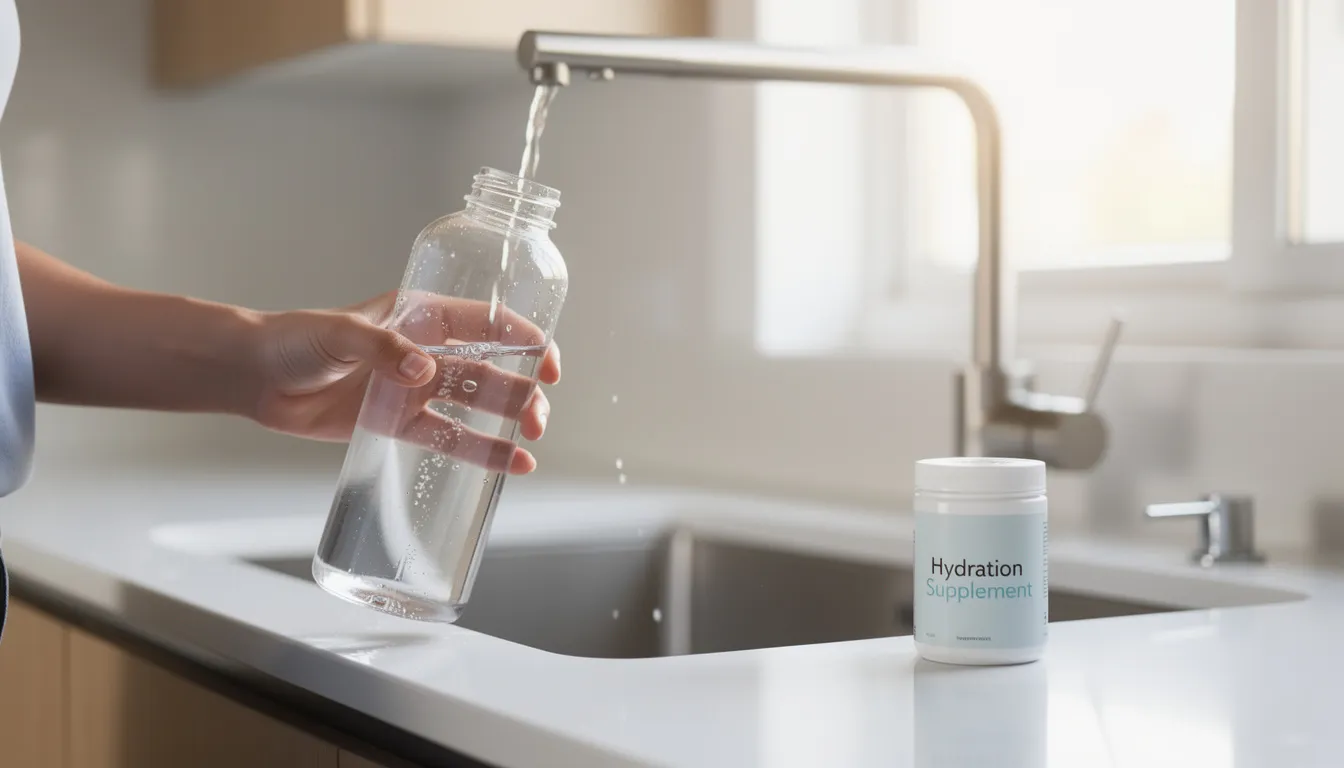A person is filling a water bottle at a kitchen counter, with a container of creatine supplementation nearby, suggesting a focus on fitness and muscle growth. This scene highlights the importance of proper hydration and supplement intake for those engaged in high-intensity exercise or following a fasting regimen.