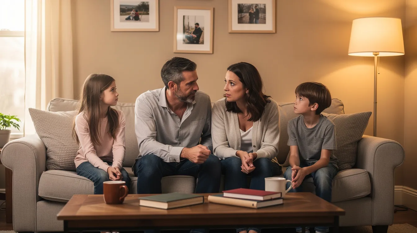 The image depicts a family engaged in a discussion in their living room, with various family members expressing their thoughts and emotions. This scene reflects the importance of open communication in addressing mental health issues, such as ADHD symptoms and behavior problems, fostering a supportive environment for children and teens.