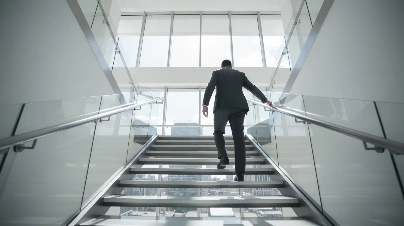 Une personne grimpe des escaliers modernes d'un bureau, vue d'en bas, symbolisant l'avancement progressif dans la vie et le développement personnel. Cette image évoque la confiance en soi et la lutte contre l'auto sabotage, représentant le chemin vers le succès et la réalisation des rêves.