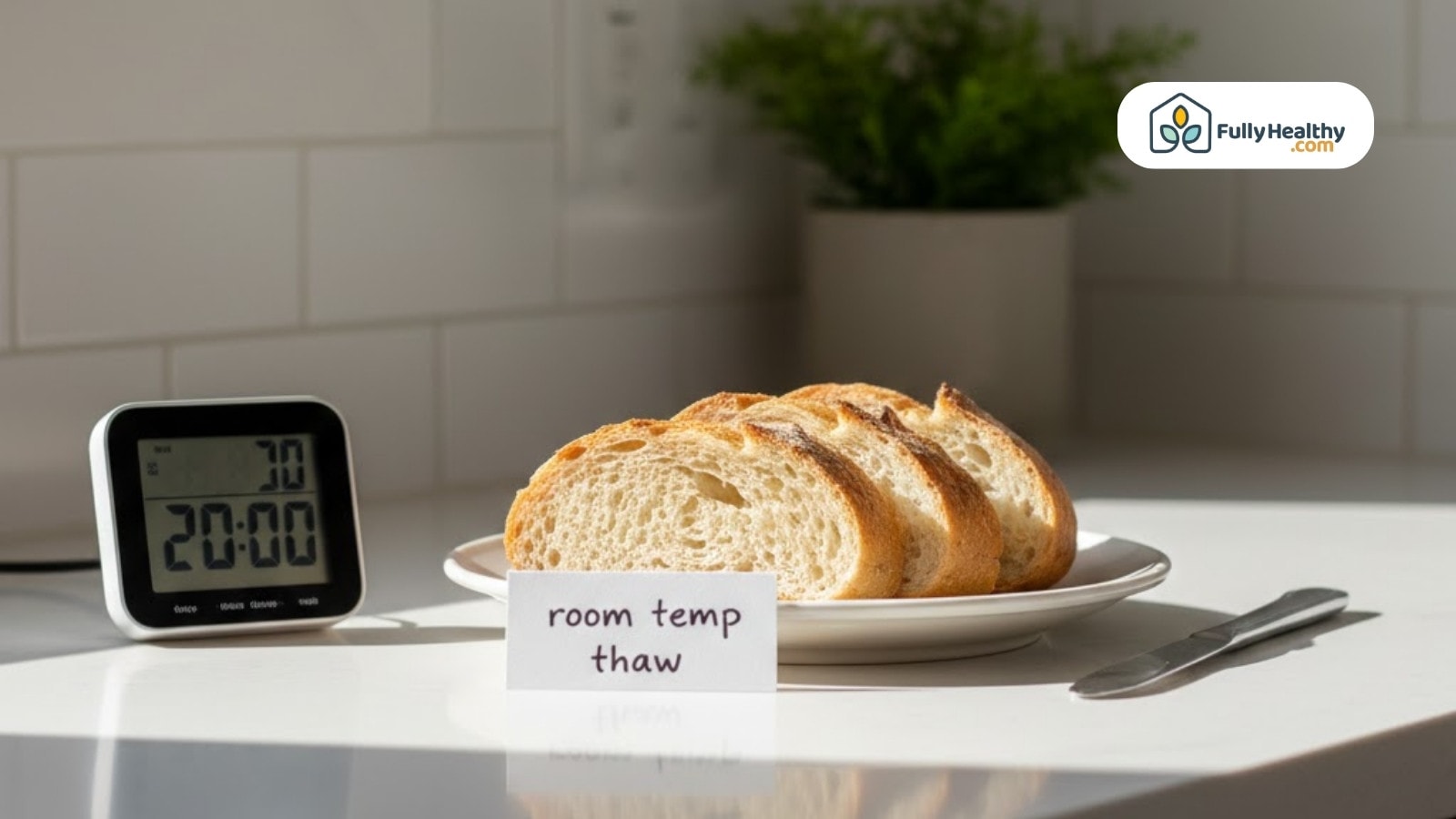 Thawed bread slices on plate with timer labeled room temp thaw method