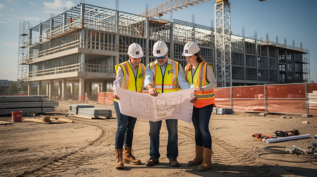 A construction superintendent wearing a hard hat is reviewing site plans with two team members on an active construction site, emphasizing effective communication and collaboration among the workers to ensure a smooth construction process. The scene highlights the importance of site logistics and planning in managing the various project phases and resources on the jobsite.