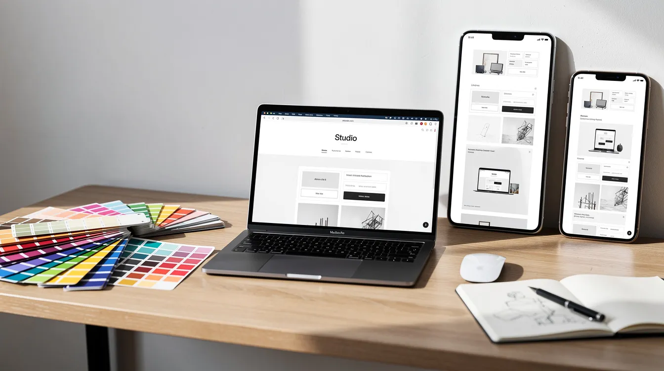 Un espace de travail de design avec des échantillons de couleurs et des maquettes de site à l'écran.