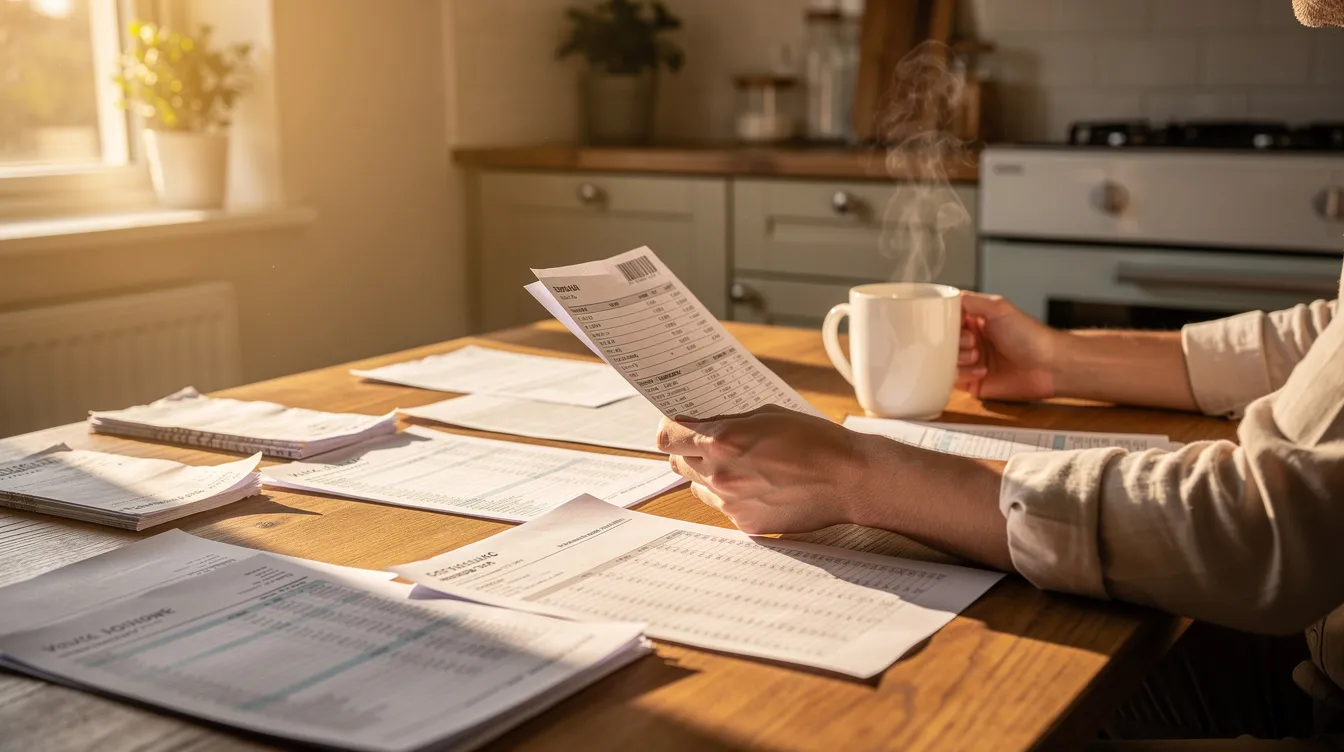 A person sits at a kitchen table, focused on reviewing financial documents while a coffee mug rests nearby, illuminated by warm morning light streaming through the window. This scene captures a moment of daily life where financial planning and the consideration of income and expenses take center stage.