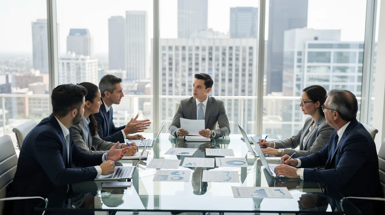 5539a68e bb27 469e 8a45 f83ec58e8c1f A diverse team of business professionals is gathered around a large conference table, engaged in a discussion about documents related to a business plan for a comprehensive cancer center. They are analyzing data analytics and industry trends to enhance patient outcomes and ensure regulatory compliance in cancer care services.