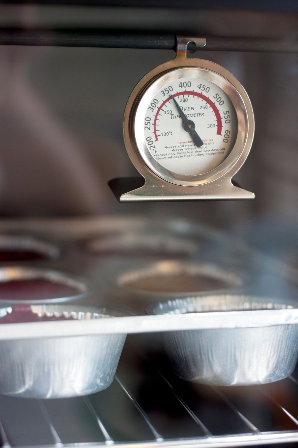 oven thermometer hanging in an oven