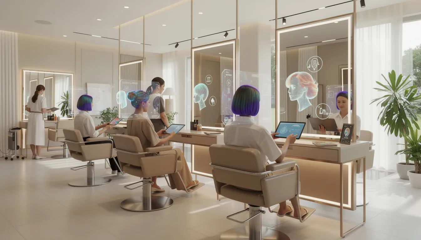 Un moderno salón de belleza donde el personal utiliza tabletas digitales y interfaces de inteligencia artificial para ofrecer una experiencia personalizada a los clientes. El ambiente refleja la integración de tecnología avanzada en el sector de la estética, optimizando servicios y atención al cliente.