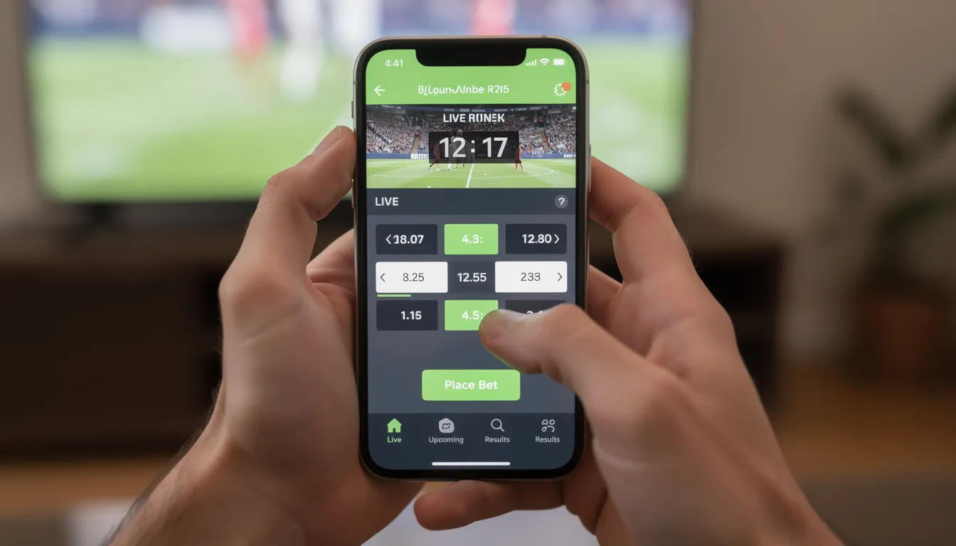 En bild av händer som håller en smartphone med en sportbettingapp öppen, där användaren kan se olika odds och spelalternativ hos BetMGM. Appens gränssnitt visar tydligt information om aktuella spel och bonusar, vilket ger en känsla av spänning och engagemang i bettingvärlden.