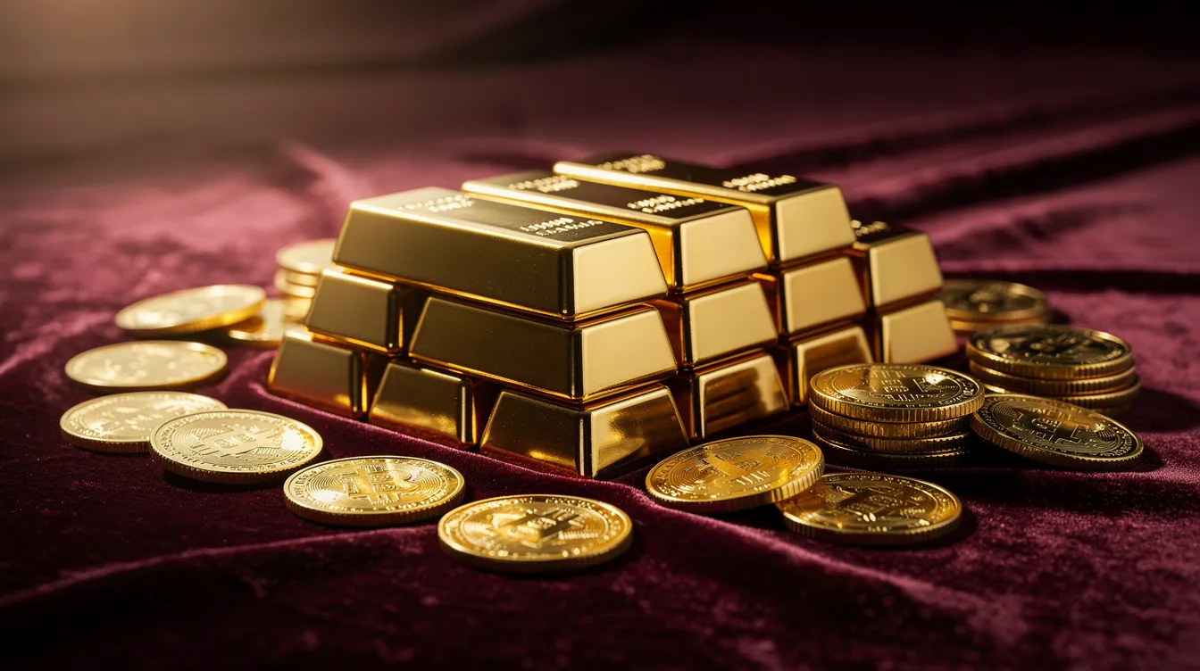 553c7999 1704 4a01 b1d8 0dfedc5df06d The image depicts a collection of neatly arranged gold bars and coins resting on a rich velvet surface, symbolizing the allure of the gold market and the potential for profitable ventures in the gold business. This visually striking display highlights the value and investment opportunities within the gold industry, appealing to both investors and those interested in gold jewellery.