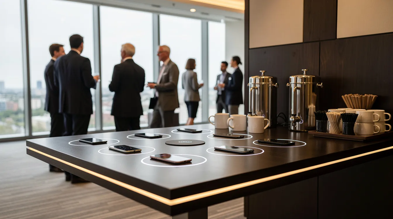 The image features a sleek charging table set up near a coffee station in a modern hotel conference room, where attendees are networking nearby. This charging solution includes multiple charging cables for mobile devices, providing guests with a convenient way to stay connected and alleviate low battery anxiety during corporate events.