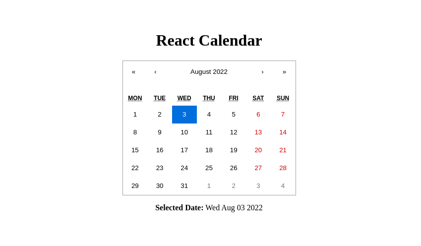 React calendar with default styling