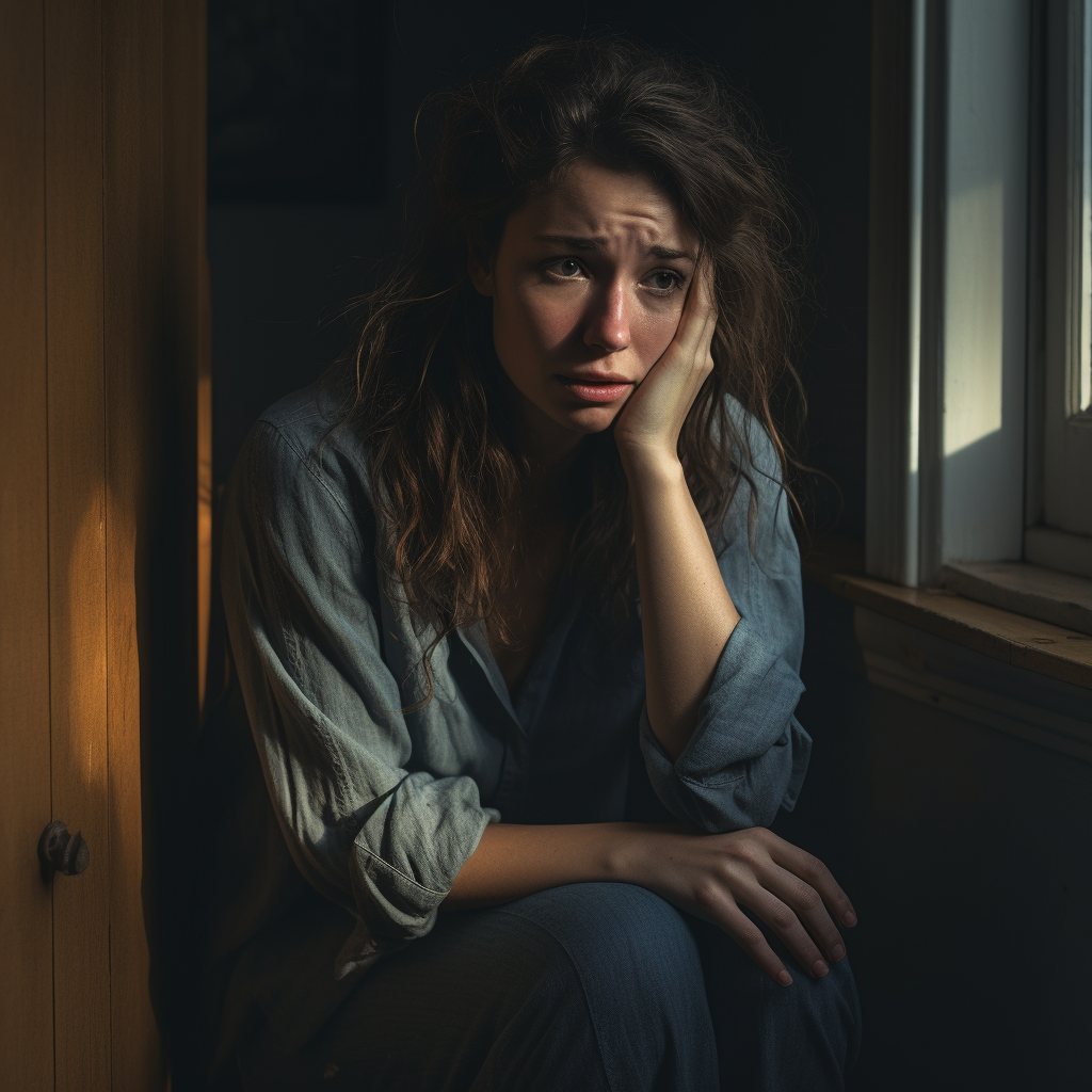 A sad woman sitting in the corner of a dark-lit room.