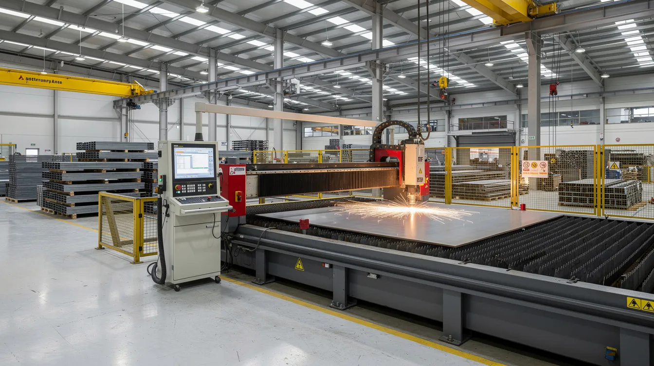 An industrial sheet metal fabrication facility features a fiber laser cutting machine actively processing a large steel sheet, showcasing the precision fabrication capabilities essential for custom metal fabrication services. The environment is equipped with various tools and machinery, highlighting the facility's commitment to high-quality sheet metal parts and competitive pricing for commercial projects.