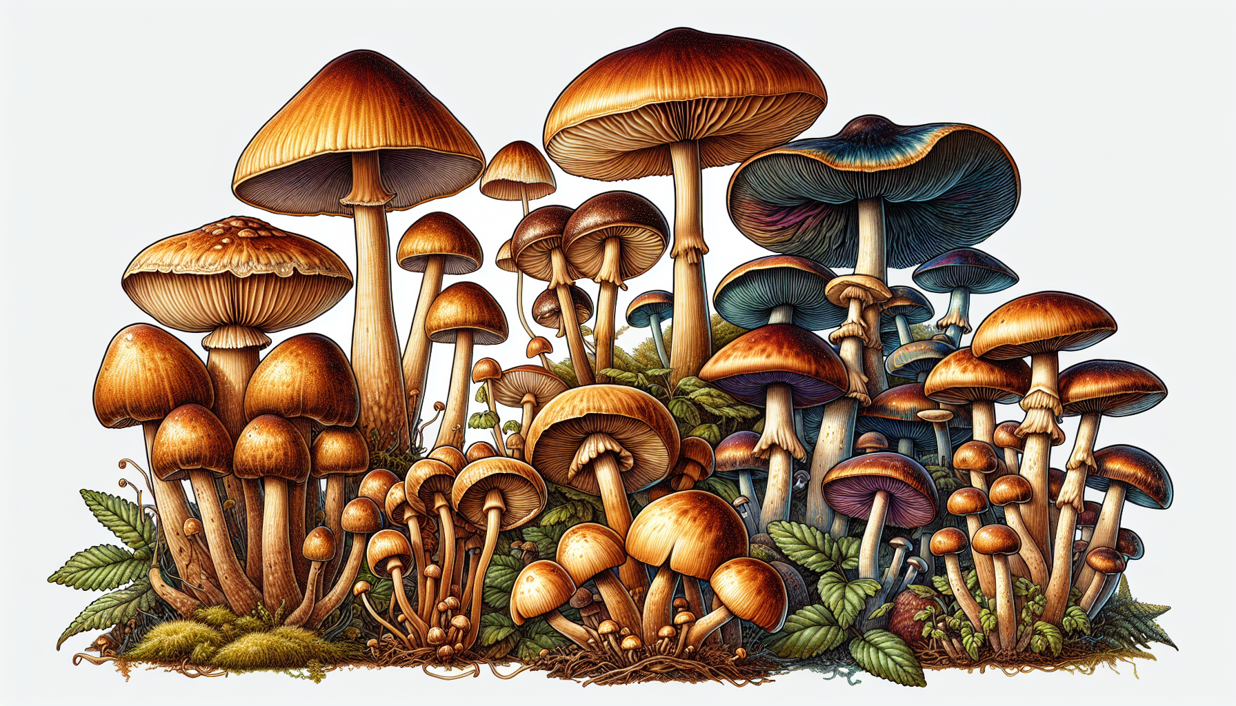 Illustration of various magic mushroom strains