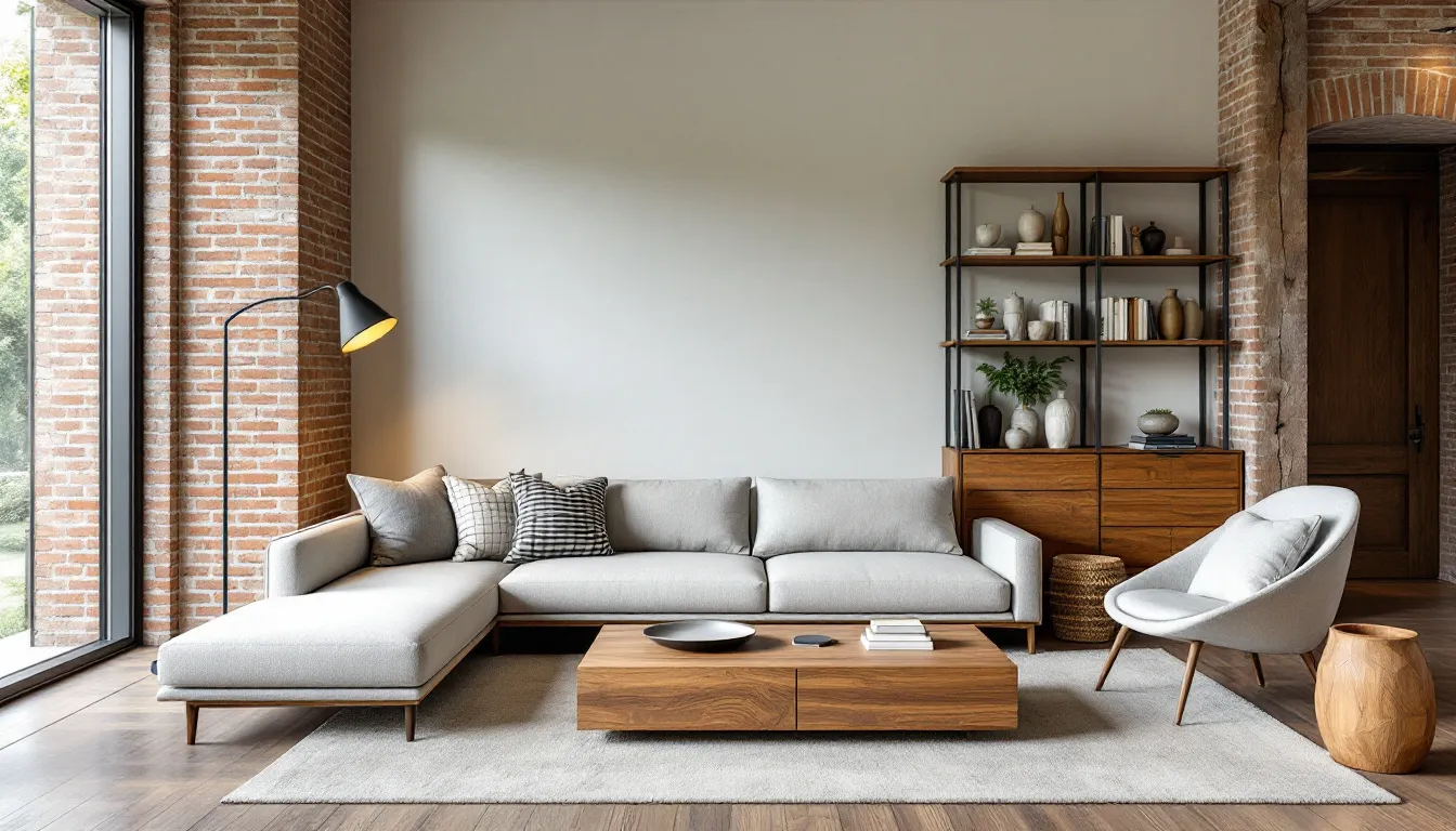 An example of modern and rustic decor styles, showcasing a blend of contemporary furniture and rustic elements.