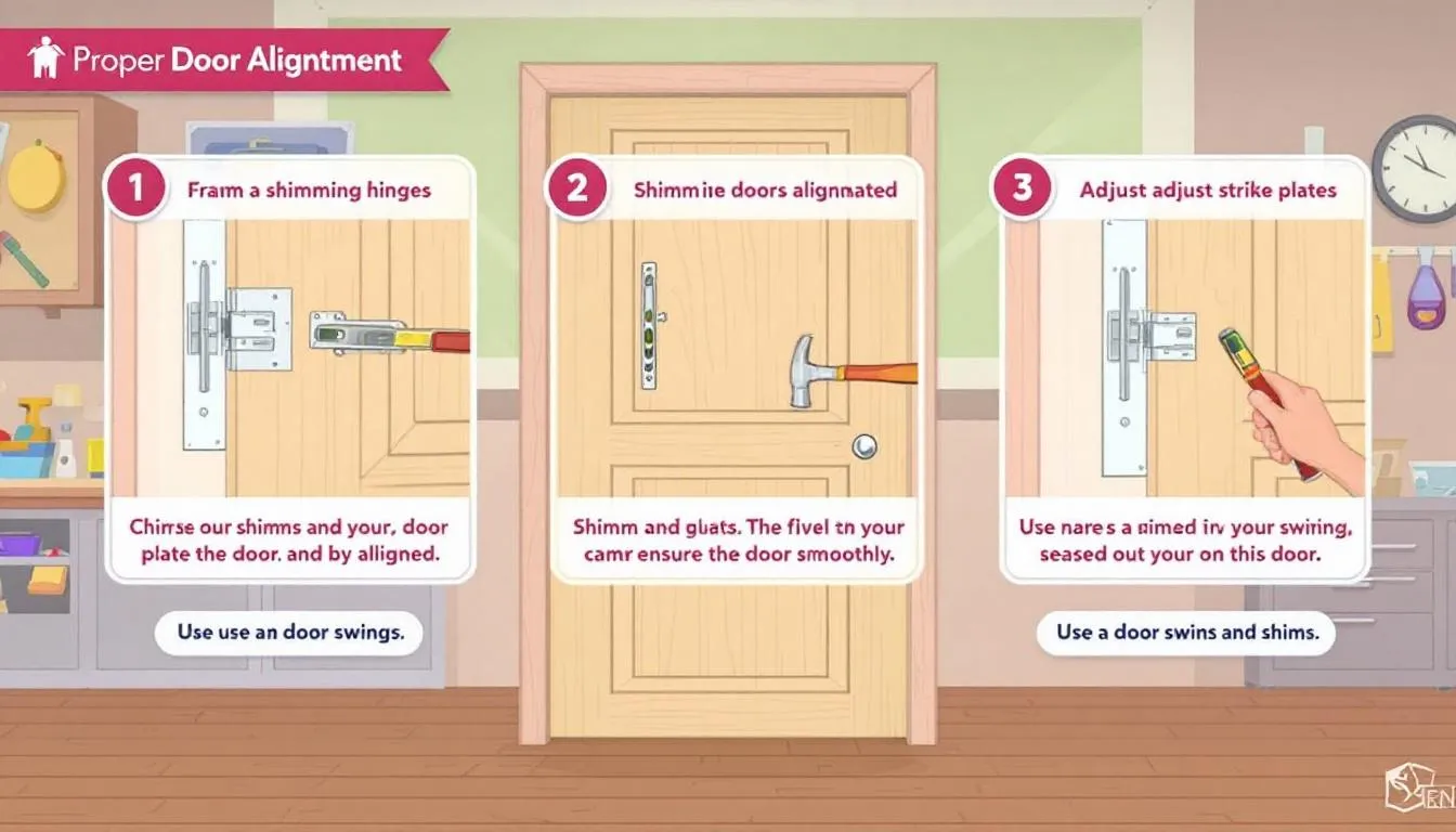 An illustration of proper door alignment techniques to prevent doors from sticking.