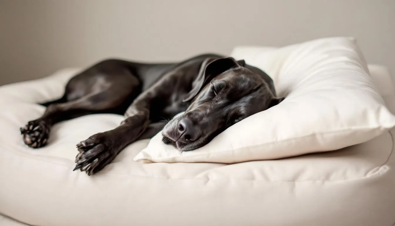 A Great Dane, known as a gentle giant and a low energy dog breed, is sleeping peacefully on an oversized dog bed, showcasing its calm demeanor and affectionate nature. The dog