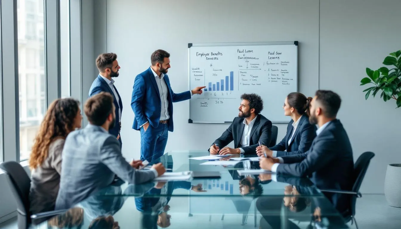 A diverse business team is engaged in a meeting, discussing various employee benefit plans, including defined benefit plans and retirement plans tailored for small businesses. They are focused on strategies to enhance retirement benefits and contributions for eligible employees, ensuring compliance with IRS regulations.