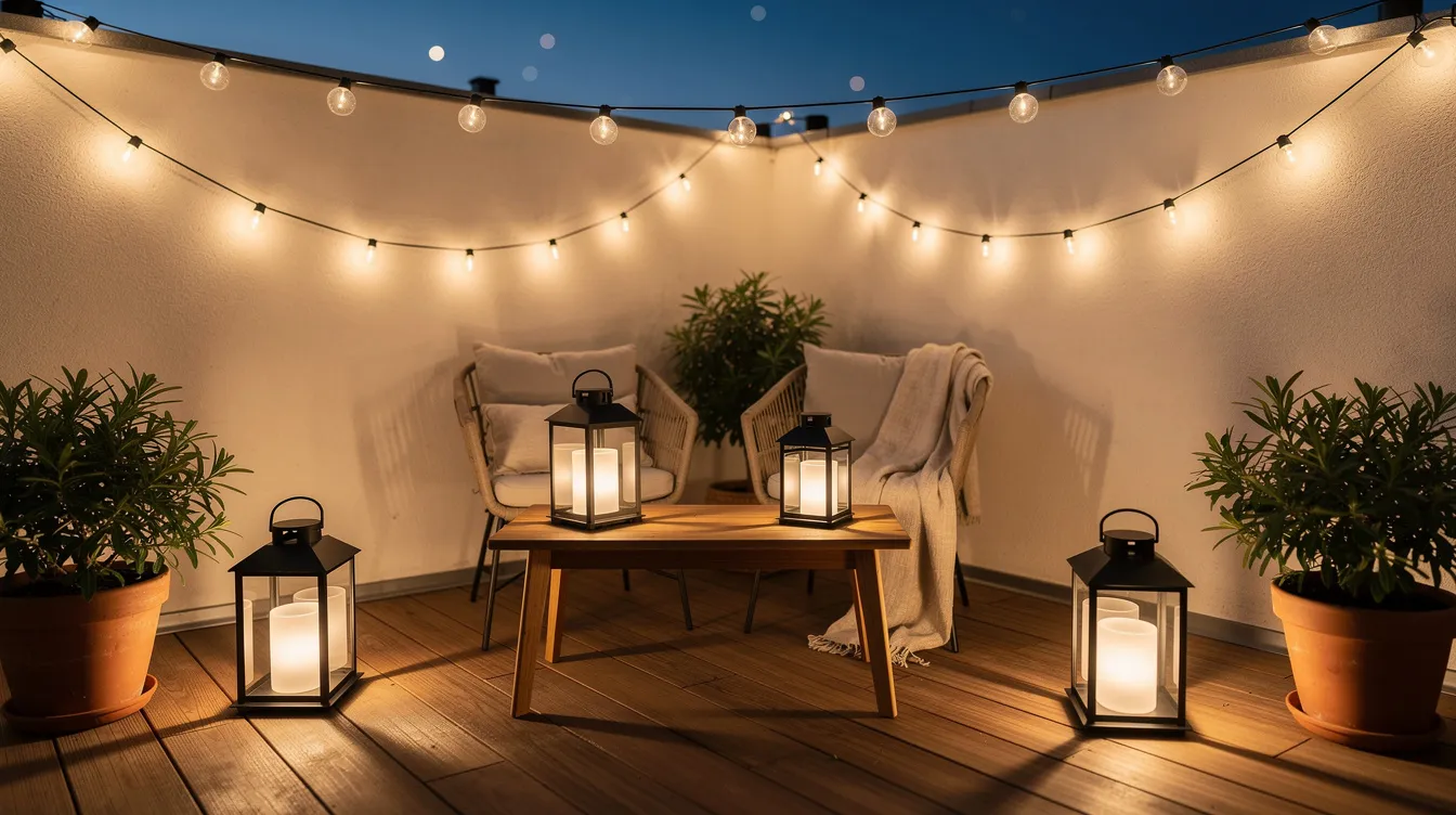 En utomhusterrass med mysig belysning där snöre-lampor och solcellsdrivna lanternor skapar en varm och inbjudande atmosfär under en sommarkväll. Ljuset från lamporna reflekteras på bordet och omger rummet med en behaglig glöd.