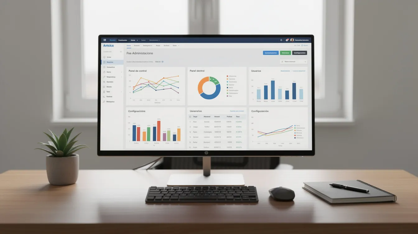 Escritorio de trabajo con un monitor que muestra un panel de administración de un sitio web en WordPress, donde se pueden ver ajustes de enlaces permanentes y configuraciones de SEO. En la pantalla se aprecian diversas opciones para gestionar el contenido, publicaciones y la estructura de URLs.